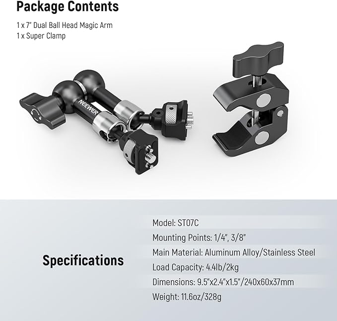 NEEWER 7" Articulating Magic Arm Clamp Mount with Super Clamp, Camera Monitor Mount with 1/4" 3/8" ARRI Locating Pins & Holes for DSLR Action Camera Video Light Compatible with SmallRig Cage, ST07C