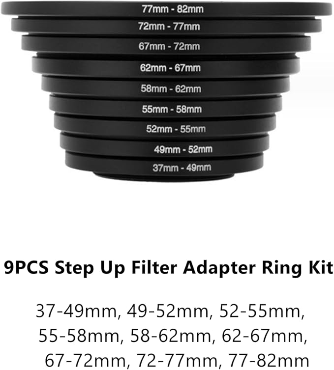 Filter Ring Adapter Set 18 Pieces, Camera Lens Filter Stepping Rings Kit, Lightweight and Durable Aluminum, 9 Pcs Step Up Rings Set and 9 Pcs Step Down Rings Set, Black
