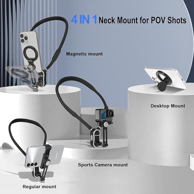 Magnetic Neck Phone Holder, 4 in 1 Neck Mount for Phones Action Camera Gopro, Hand Free Cell Phone Neck Holder for Recording POV/Vlog Video Selfie, Neck Tripod for iPhone, GoPro, Android Phones Black