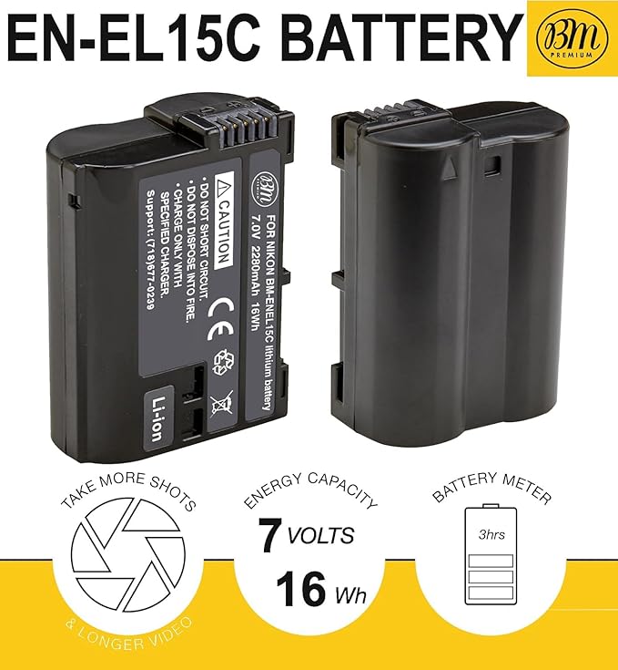 BM Premium EN-EL15C High Capacity Battery and Charger for Nikon Zf, ZR, Z5, Z5 II, Z6, Z6 II, Z6 III, Z7, Z7II, Z8, D500, D600, D610, D750, D780, D800, D810, D850, D7000, D7100, D7200, D7500 Cameras