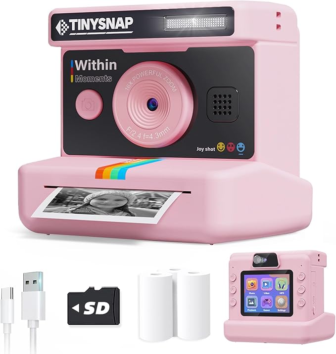Instant Print Camera for Kids,2.4 Inch Screen Kids Instant Cameras, Christmas Birthday Gifts for Girls Age 3-12, Portable Toddler Toy for 3 4 5 6 7 8 9 10 Year Old Girls Boys (Pink)