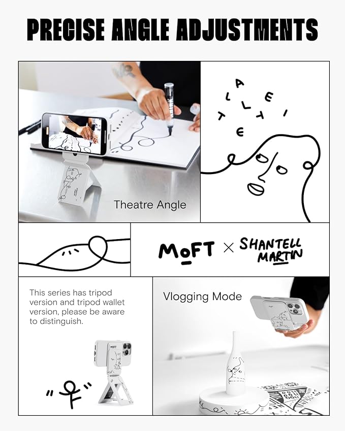 MOFT Phone Tripod Wallet x Shantell Martin for iPhone, Mulit-Angles, Lightweight & Portable Phone Stand, MOVAS Vegan Leather Phone Wallet, Strong Magnets, NFC Card Holder, Misty Cove (with Card Slot)