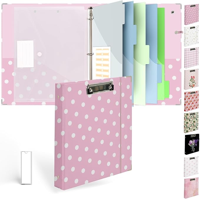 Etzul 3 Ring Binder 1 inch with Clipboard - Pink Polka Dot Design, Includes Dividers, File Bag & Spine Label - Fun and Functional for School or Office, Holographic Waterproof Film