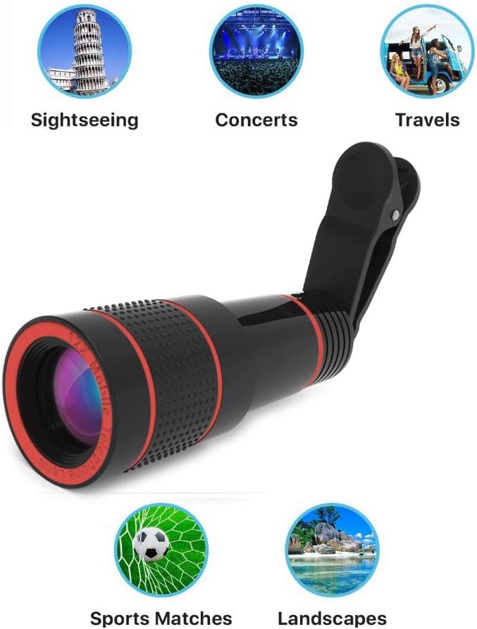 12x Optical Zoom HD Cell Phone Camera Lens, Telephoto Clip-On Lens for Single Lens Phone, Compatible with iOS X/8/7/6s/6 Plus Android Tablet, Used as Monocular Rubber Eyecup Carry Bag