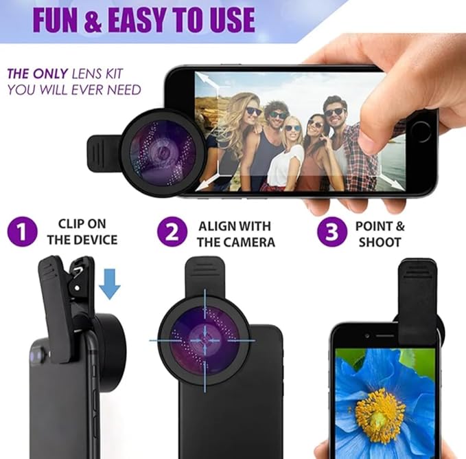 2-in-1 Phone Camera Lens Kit – 0.45X Wide Angle + 12.5X Macro Lens with Clip for iPhone, Samsung, Android – Universal Smartphone Lens Attachment.