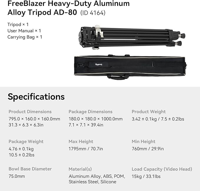 SMALLRIG AD-80 FreeBlazer Heavy-Duty Aluminum Alloy Tripod,71/inch Video Tripod with 75mm Bowl Adapter,One-Step Height Adjustment,Load up to 33lbs,Professional Tripod for DSLR,Camera,Camcorder-4164