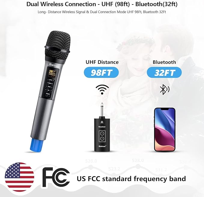 Wireless Microphone, Uhf Metal Dynamic Handheld Karaoke Mic, Rechargeable Receiver (Work 6hs),160ft Range, for Karaoke, Singing, Stage, Wedding, Speech, Karaoke Machine, Speaker, Amplifier, Mixer