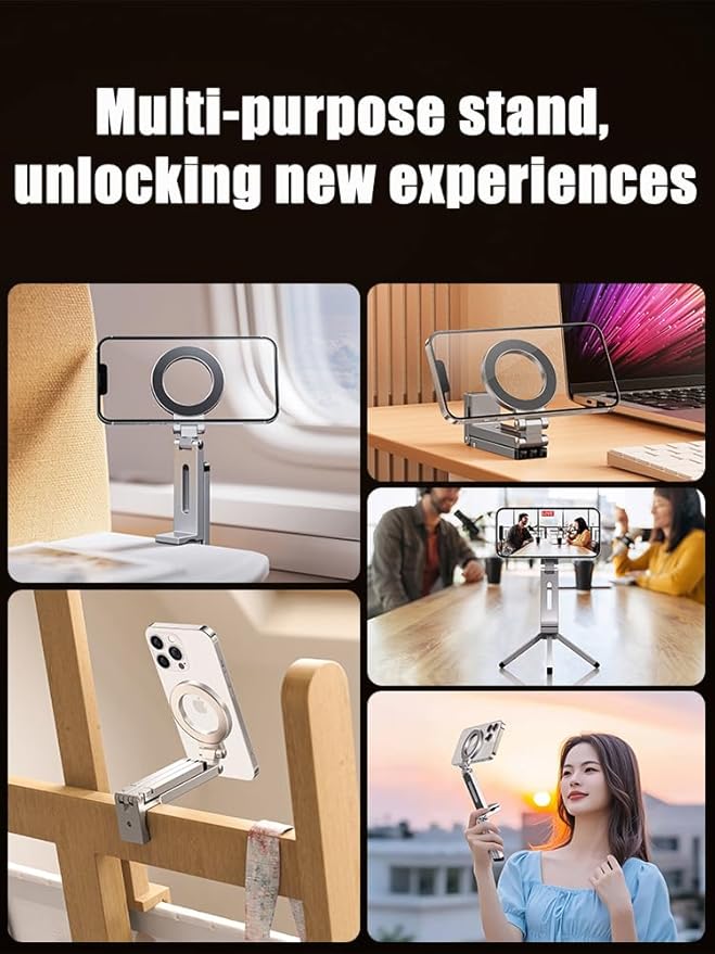 360° Rotating Phone Stand, Adjustable Aluminum Magnetic Phone Tripod for iPhone,Clipable, Foldable Airplane Travel Essentials Accessories