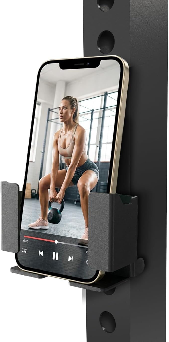 Power Rack Phone Mount, Hook-On Smartphone Holder for 2”×2”/3”×3” Squat Rack Upright, Tool-Free Installation, Vertical & Horizontal Viewing, Fits Phones up to 3.22” Wide