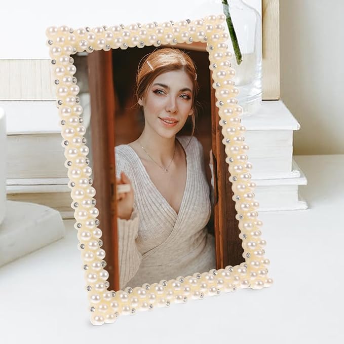NOLITOY 5x7 Vintage Pearl Picture Frame, Ornate White Resin Desktop Photo Display with Stand, Antique Aesthetic Decorative Frame for Wedding, Anniversary & Home Tabletop Decor