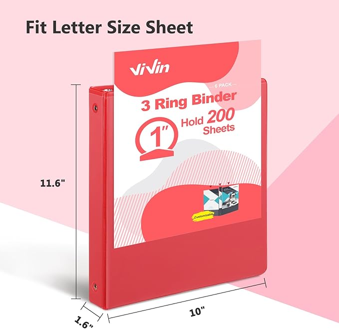 ViVin 1 Inch Round Ring View Binder for Durability, Standard 3 Ring Binder for 200 Sheets of US Letter Size Paper, PVC-Free, 6-Pack (Red)