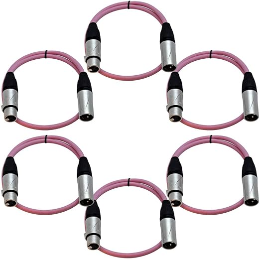 Seismic Audio - 6 Pack of 2 Foot Pink XLR Patch Cables - 3 Pin Male to Female Microphone Cords - 2'