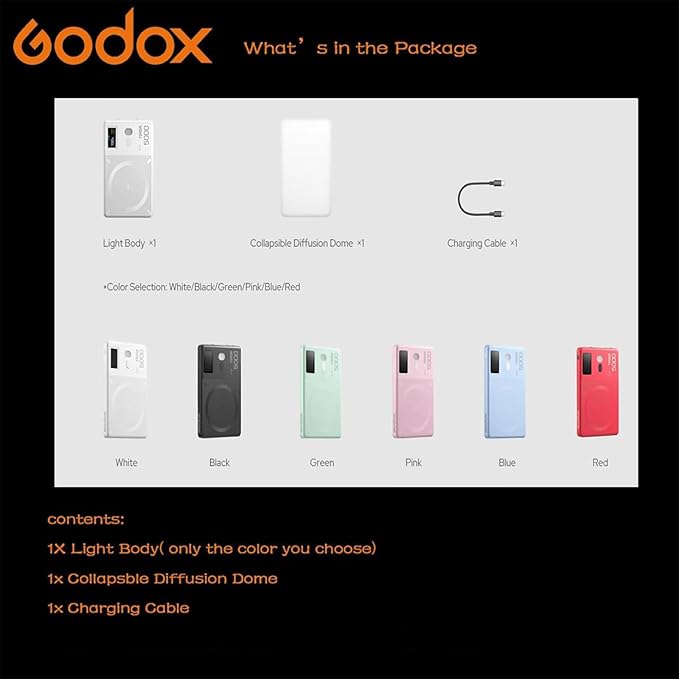 Godox MA5R Full-Color LED Light, Magnetic Selfie Light, CRI95 TLCI97, CCT 1800K–10000K, 14 FX Modes, HSI & GM Adjustment, NFC/Bluetooth Control, 0–100% Dimming, for YouTube/TikTok