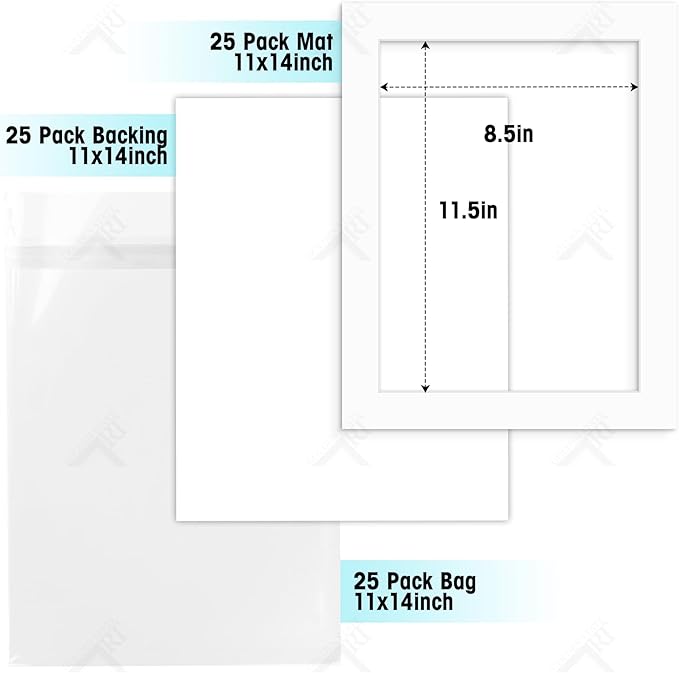 Golden State Art, Acid Free, Pack of 25, 11x14 White Picture Mats Mattes with White Core Bevel Cut for 9x12 Photo + Backing + Bags