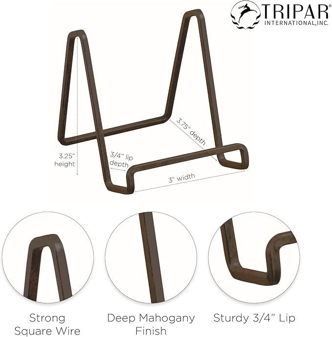 Tripar Square Metal Wire Stand, Mahogany Finish (3-Inch Depth) Tabletop Easel Sleek & Modern Look - Perfect for Books, Plates, Photos & More