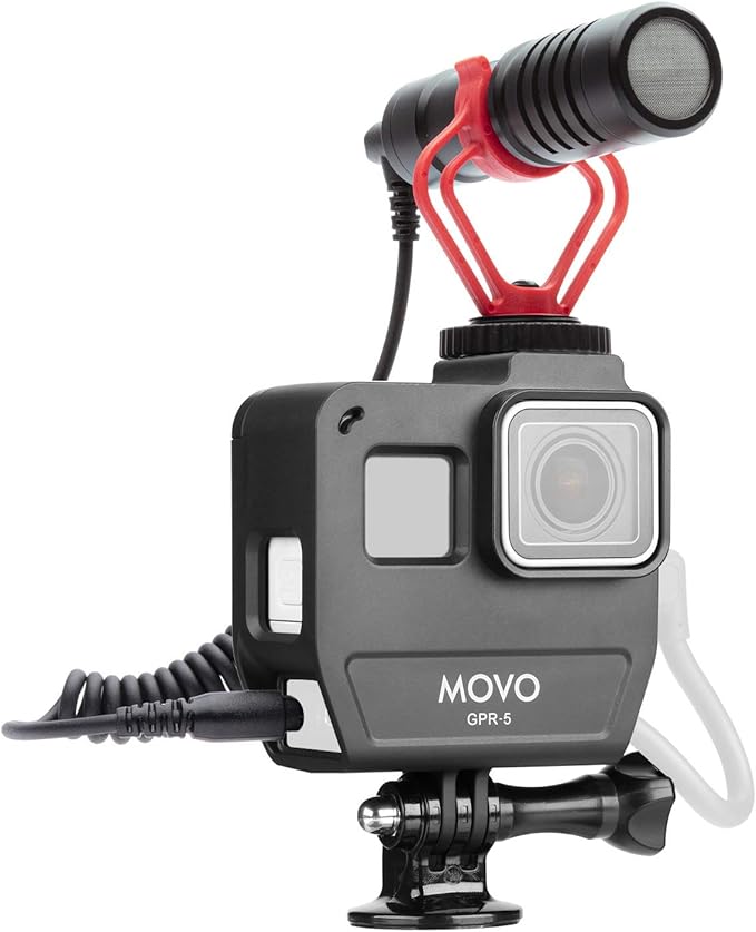 Movo GPR-5 GoPro Case with Microphone for Camera - for GoPro Hero 5, 6, 7 - Includes VXR10 Microphone for iPhone, Android, Camera - Shoe Mount for Shotgun Mic - GoPro Mic Adapter Not Included