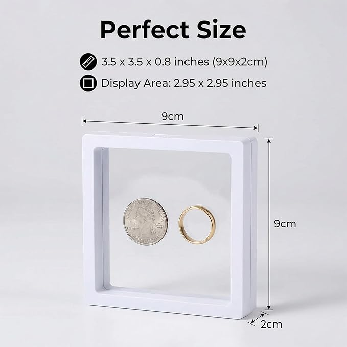 6 Pack 3D Floating Display Case, Clear Jewelry Display Box with Suspended Film, Transparent Storage Holder for Rings, Earrings, Coins, Stones, Plant Specimens & Collectibles (White)