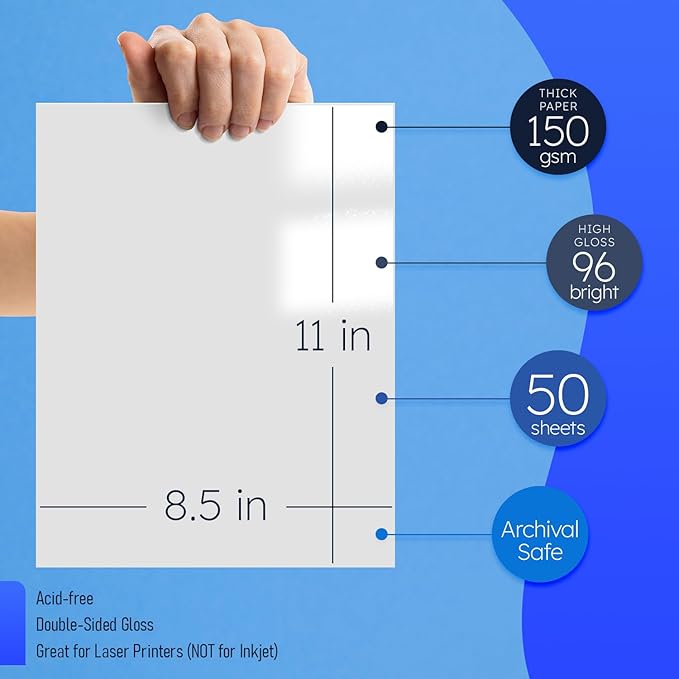 8.5 x 11 Double Sided C2S Glossy Paper for Full Color Laser Printing, Great for Photos Brochures Flyers Posters Business Everyday Printing, 100lb Text (40lb Bond), Acid Free Gloss Coated, 50 Sheets
