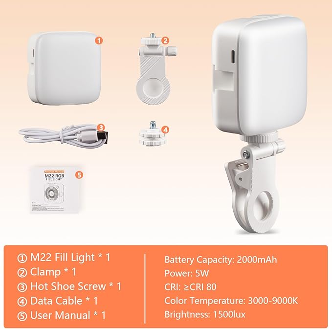RGB Video Lights, Portable Camera Lights, LED Camera Light with Quick Release Cold Shoe Adapter and Clip, RGB Small Lamp, 3000-9000K 360° Full Color Photography Lighting for Camera, White