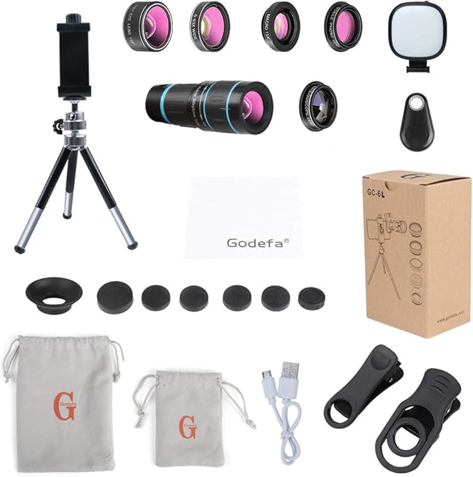 Phone Camera Lens, 6 lenses+ LED Light+ Remote Shutter+ Tripod, 18X Telephoto Zoom/Wide angle/Macro/Fisheye/CPL/Kaleidoscope camera lens kit for iPhone Xs X XR 8 7 6 Plus Samsung and Android