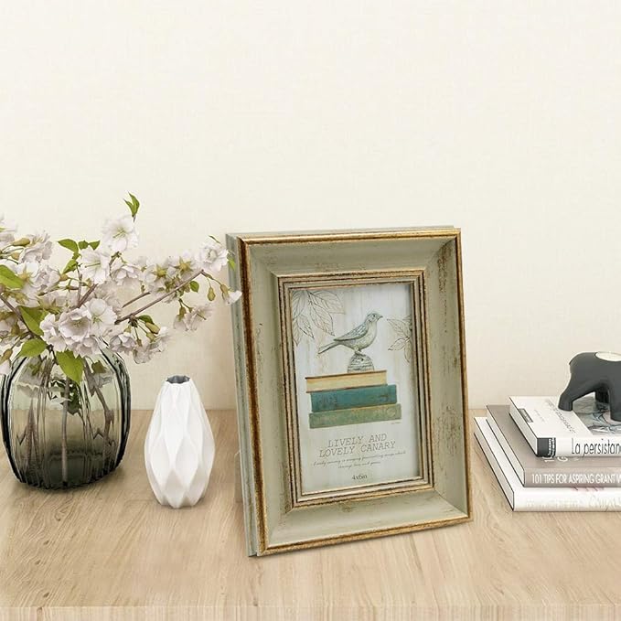 Afuly 4x6 Picture Frame Antique Vintage Gold Sage Green Single Photo Frame for Desk Wall Gallery Artworks Portrait Landscape Unique Birthday Gifts for Grandma Mom Women