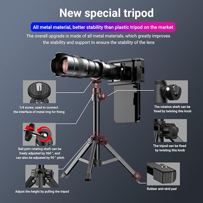 APEXEL 36x Telephoto Lens for iPhone & Android, Long Range Cell Phone Camera Lens Kit with Sturdy Tripod, Monocular for Concert Bird Watching, Fits iPhone 17/16/15/14/Pro, Samsung Galaxy S Series