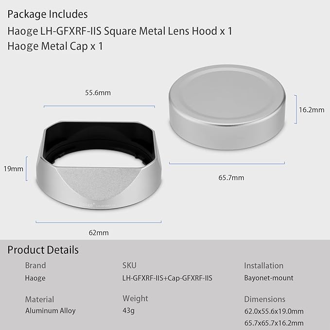 Haoge Metal Square Lens Hood for Fujifilm GFX100RF Camera Accessories Silver LH-GFXRF-IIS+Cap-GFXRF-IIS
