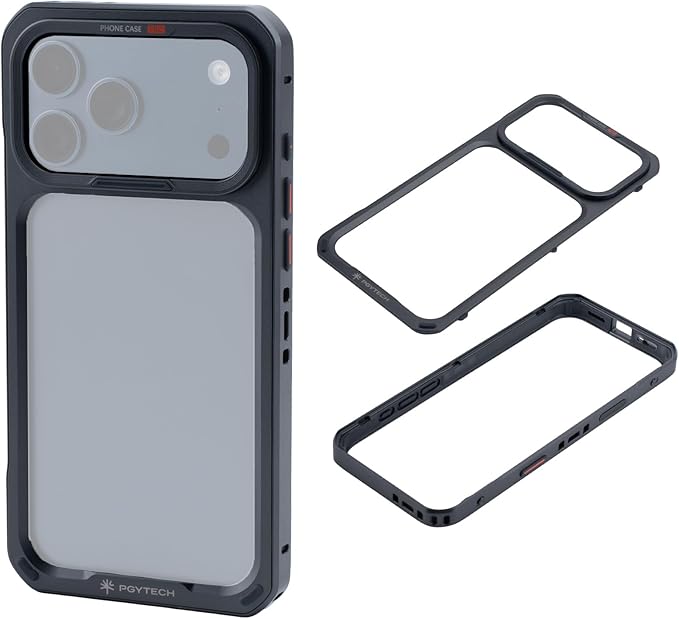 PGYTECH ProShot Phone Case for iPhone 17 Pro, Aluminum Alloy Protective Cage with 4 Expansion Ports, 3 Strap Holes & Silicone Liner for Heat Dissipation Black