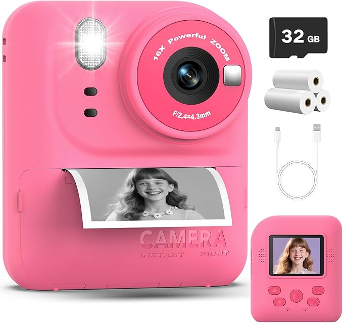 Okaloka Kids Instant Print Camera Toys,1080P HD Toddler Digital Video Camera,Christmas Birthday Gifts for Girls Boys Age 3-12 Year Old - 32G SD Card Included (Red)