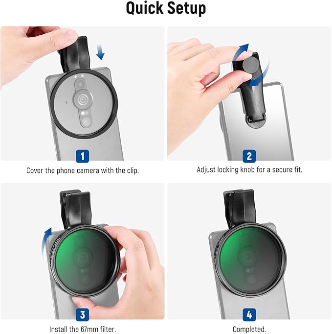NEEWER 67mm Clip On Variable ND Filter for Phone, ND2-32 Neutral Density Photography Camera Lens Accessories Kit Compatible with Android Samsung Galaxy S25 Ultra Google Pixel Huawei, FL-B21