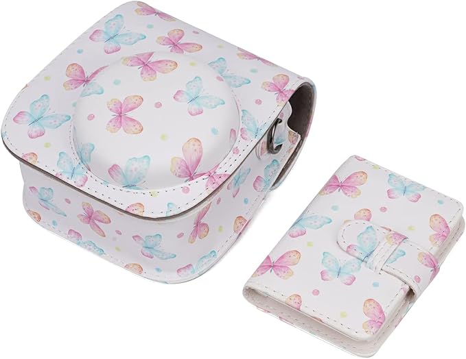 Frankmate Instant Camera Case Compatible with Fujifilm Instax Mini 11/9/8/8+ PU Leather Bag with Pocket and Adjustable Shoulder Strap Mini Photo Album (Pink Butterfly)