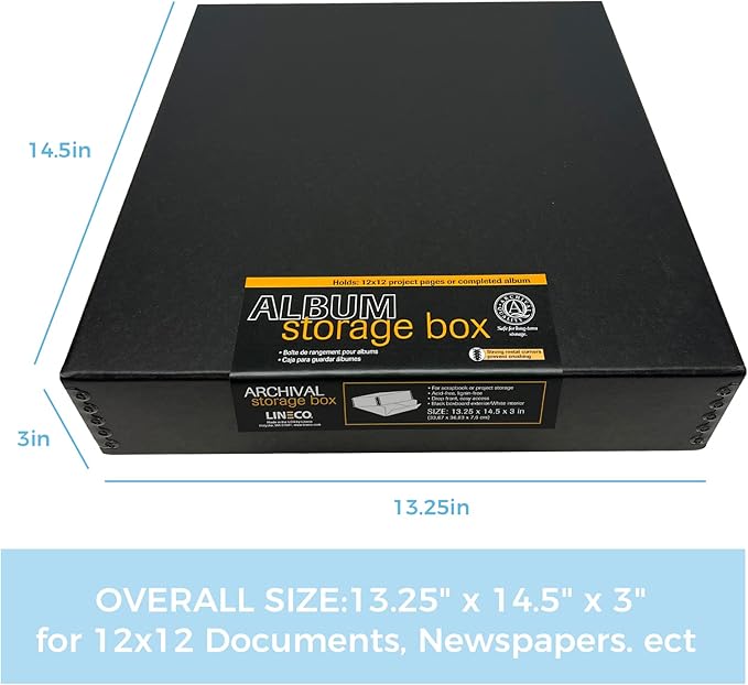 Lineco 12x12 Archival Scrapbook Storage Box, Acid Free Drop-Front Box with Removable Lid. Preserves Photos, Documents, Crafts, Cards, Magazines, Prints, Albums and Paper Projects, Black