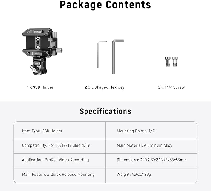 Neewer SSD Holder 40-65mm Quick Release SSD Bracket Mount with Cable Clamp Compatible with SmallRig Phone Cage for 16 Pro Max 15 Pro Max Samsung S24 Ultra T9 T7 T5 SanDisk, PA065
