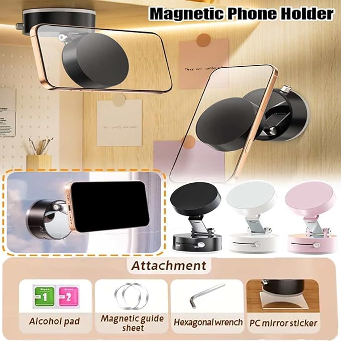 Foldable Magnetic Vacuum Phone Holder, 360° Electric Suction Car Mount, Double-Sided Swivel Stand for Car, Mirror, Gym, Kitchen, Hands-Free Portable Phone Holder (Wihte)