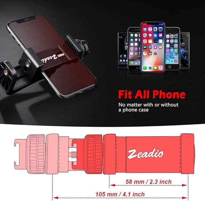 Zeadio Tripod Smartphone Mount, Cell Phone Holder Adapter Clamp with Cold-Shoe Mount, Selfie Stick and Monopod Adjustable Clamp, Fits for All iPhone and Android Smartphones