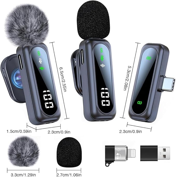 2 Pack Wireless Lavalier Microphone with Clip Wireless Microphone with Noise Cancellation Plug and Play Wireless Mic for Android Live Broadcast