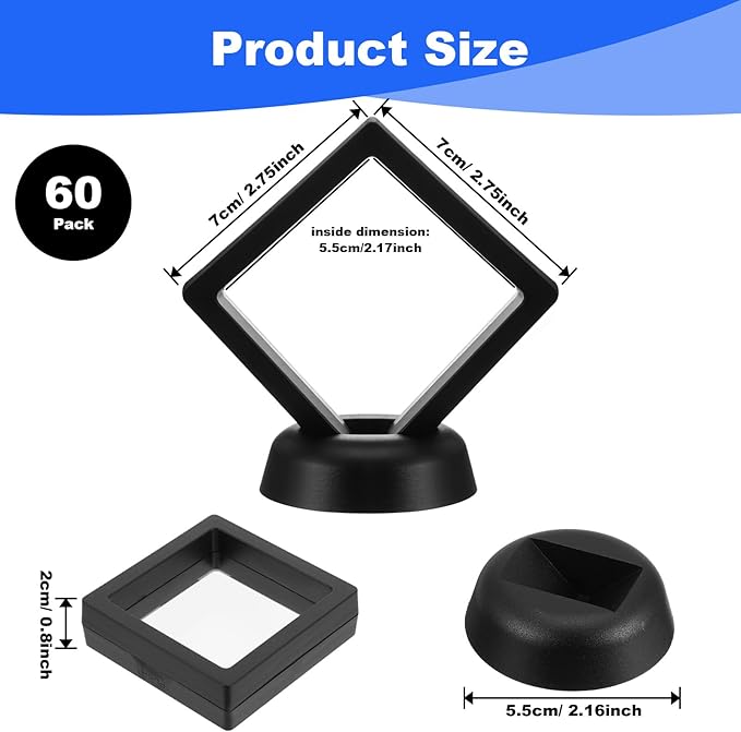 60 Pcs 3D Floating Display Case PE Film Jewelry Storage Box Coins Display Frame Holder Stands for Antique Challenge Coins, Medallion Shells Gems Rocks Pins (Black,2.76 Inch)