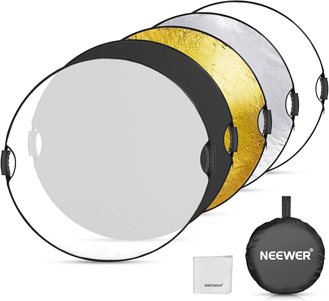 NEEWER 32"/80cm Light Reflector, 5 in 1 Foldable Multi Disc Photography Light Diffuser Translucent/Silver/Gold/White/Black with Clamp/Grips, 3/8" Thread/Cleaning Cloth for Outdoor Lighting, RF-80II