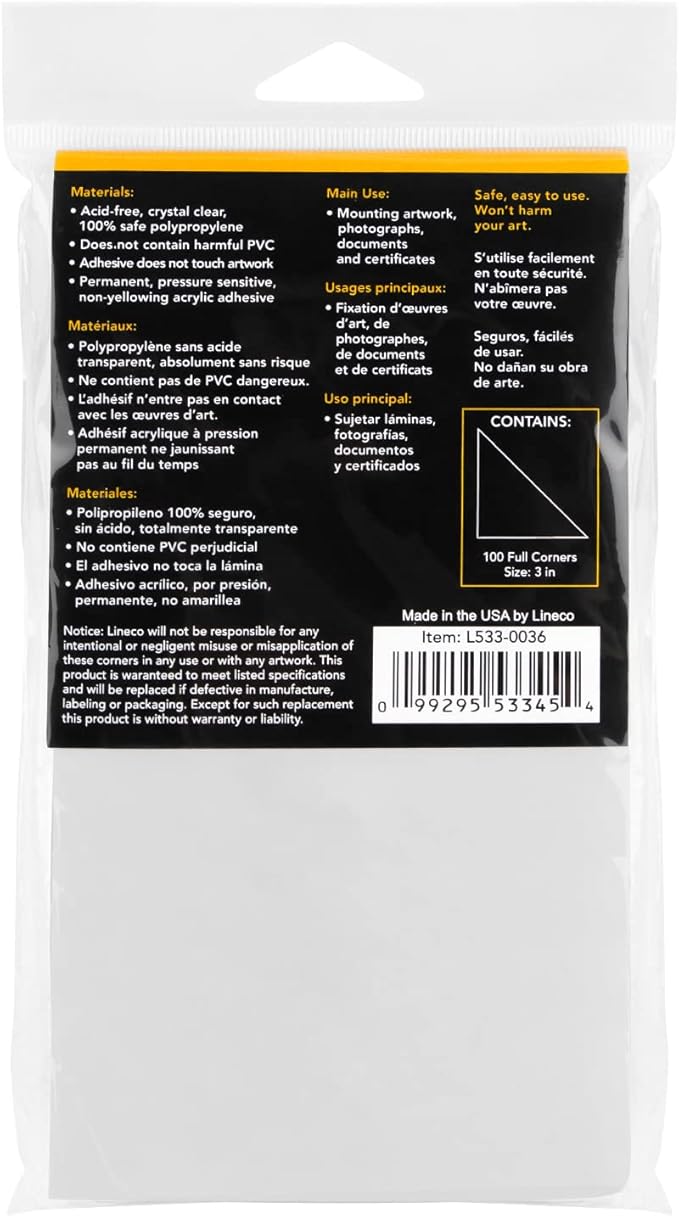 Lineco, Archival Polypropylene Mounting Corners, Acrylic Self-Adhesive Acid-Free Non-Yellowing, 3 Inches, for Artwork Photos, 100-Pack, Clear