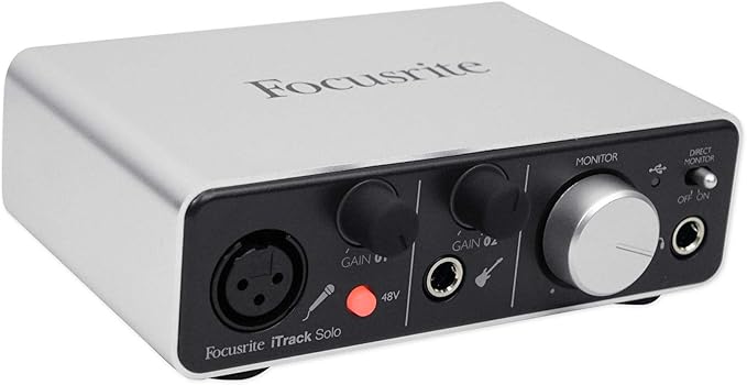 Focusrite iTrack Solo Audio Interface for Mac, PC, and iPad – USB Audio Interface for Recording, Streaming, and Podcasting with XLR, Line-in, and Professional Software included