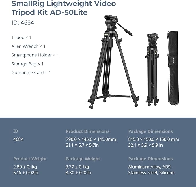 SmallRig AD-50Lite Video Tripod, Heavy Duty Tripod with 360°Fluid Head, 62" Aluminum Alloy Travel Tripods with QR Plate, Lift Rope, Load up to 11lb for DSLR, Camcorder, Camera