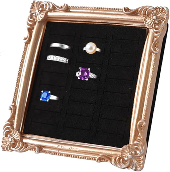 Vintage Photo Frame Ring Holder - 24 Slot Velvet Jewelry Organizer Display Stand for All Ring Sizes, Gold Baroque Elegant Storage Tray for Wedding Engagement Collection Photography (Black)