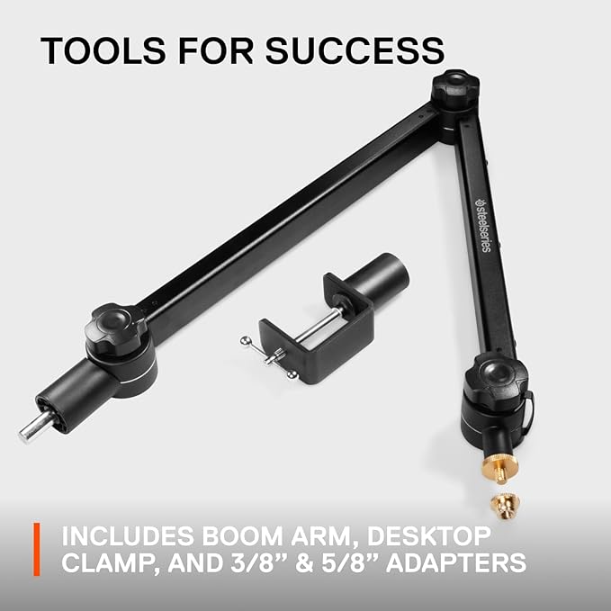 SteelSeries Alias/Alias Pro Mic Boom Arm — For Gaming, Streaming, and Podcasting — 360° Rotation — Desk Clamp — Folding Scissor Design — Hidden Springs — Cable Management — 3/8" and 5/8" Adapters