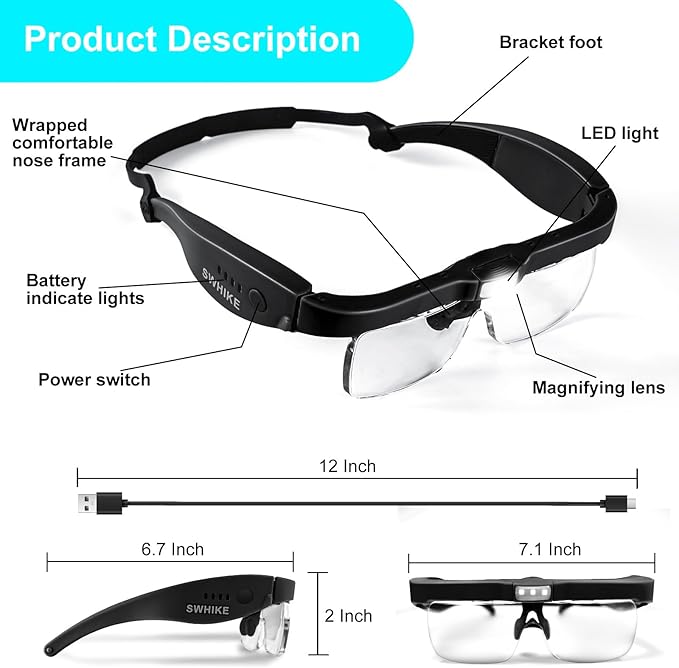 Magnifying Glass with Light Hands Free, Rechargeable Magnifying Glasses Headset with 5 Detachable Lenses Magnifier for Close Work, Reading, Jewelry Making Crafts (Black)