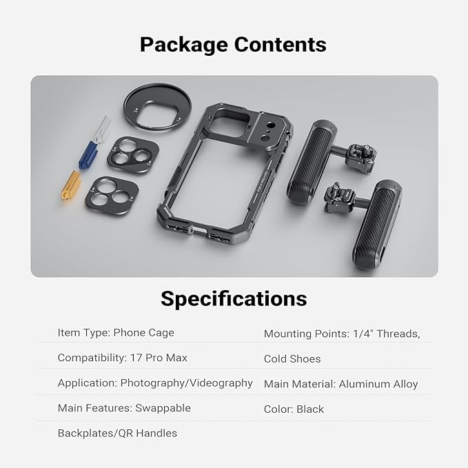 NEEWER Phone Cage Kit Compatible with iPhone 17 Pro Max Only, Video Rig Stabilizer Accessories with 67mm Filter Ring, 17mm Lens Backplate, T Mount Adapter, Two Quick Release Handles, PA144 (Black)
