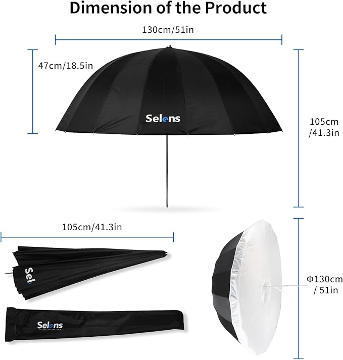 Selens 51 Inch Black/Silver Reflective Photography Umbrella with Diffuser Cover for Photo Studio Flash Speed Lighting
