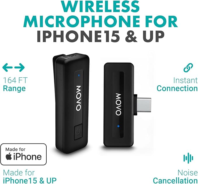Movo Wireless Mini USB-C Wireless Microphone for iPhone 15/16/17 - Microphone Compatible with Pro Max - 10HR Battery Life, 164ft Range