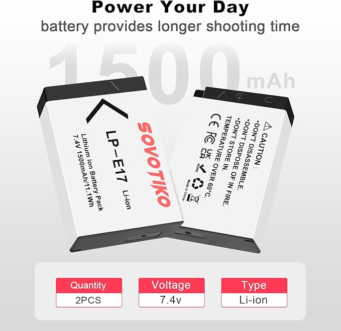 2-Pack LP-E17 Battery and 2-Slot Battery Charger for Canon EOS Rebel SL2 SL3 T6i T6s T7i, EOS M5 M3 M6, M6 mark2, 77D 200D 250D 750D 760D 800D 8000D RP SLR Camera