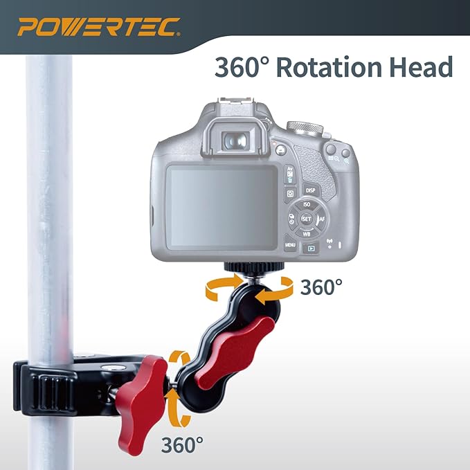 POWERTEC Super Clamp Camera Mount 360° Double Ball Head Adapter with GoPro/Phone Tripod Mount and Tripod Head for Bike, Desk, Mini Projector, Photography Lighting (71925)