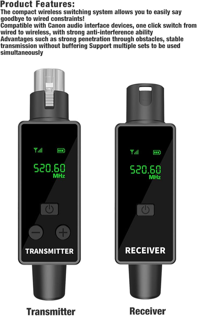 Bewinner 2.4GHz Wireless Microphone System, XLR Transmitter & Receiver, 24Bit/48kHz, Plug & Play Wireless Mic Adapter for Camera, PA, Mixer, Studio, Live Streaming (1 for 2)